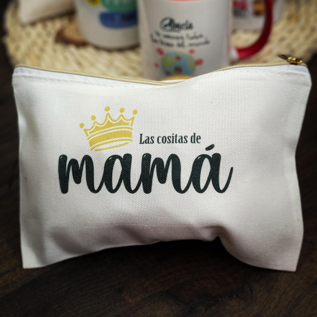 Estuche Neceser Blanco de Tela Símil Lino con Cremallera Dorada – Personalizable y Elegante