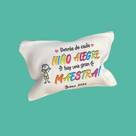 Estuche Neceser Blanco de Tela Símil Lino con Cremallera Dorada – Personalizable y Elegante