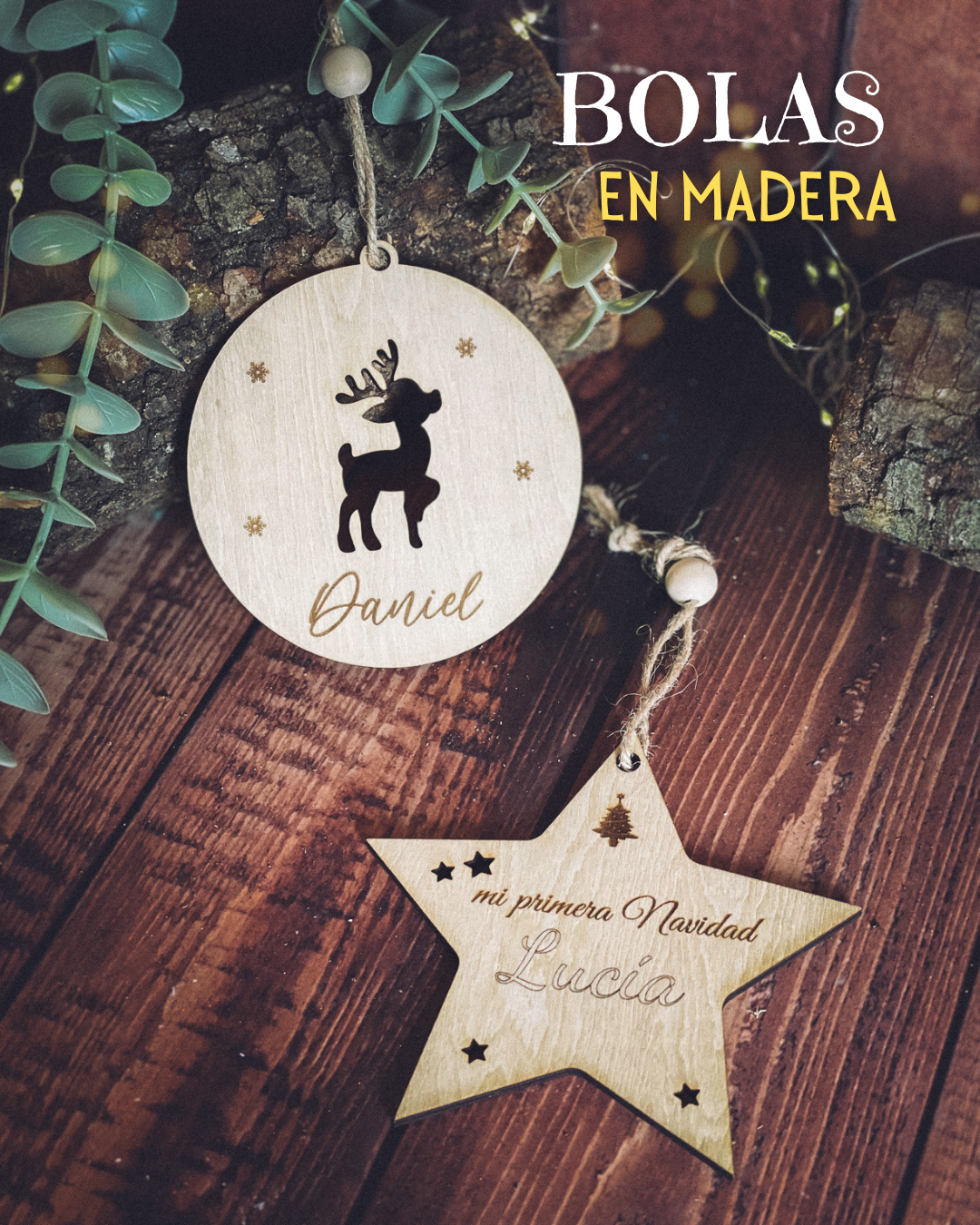 Adornos de Navidad de Madera Grabados (Bola, Estrella)