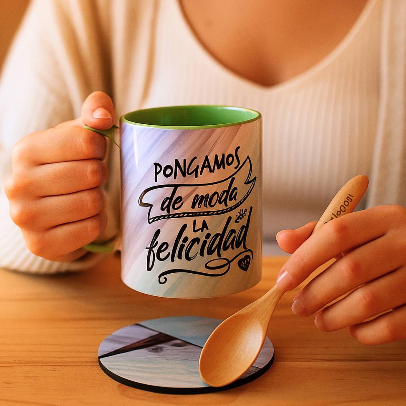 Pack Sabor & Estilo – Taza, Posavasos y Cuchara de Bambú Personalizados