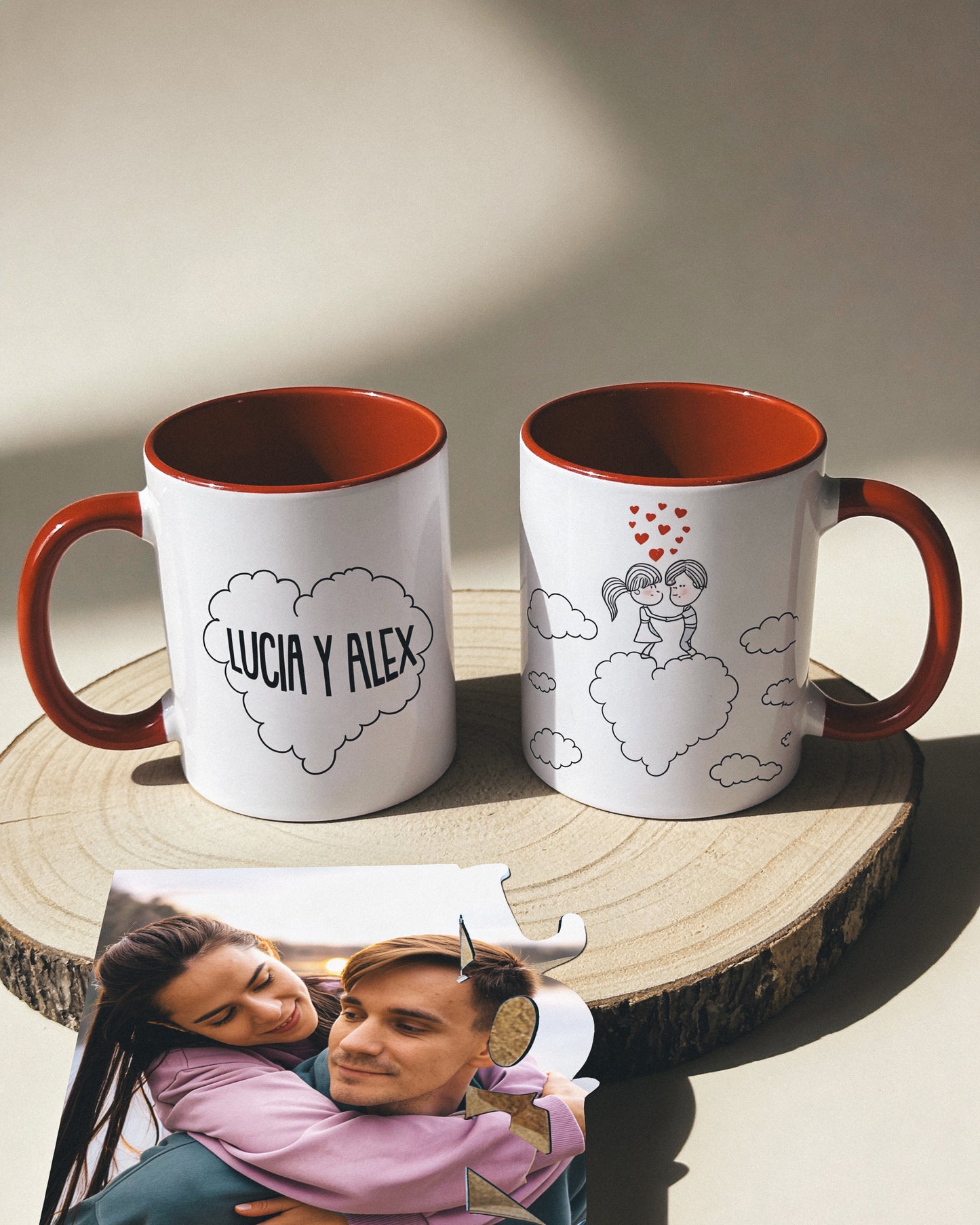 Pack de Tazas Personalizadas + Tablilla de Madera – regalo San Valentín pareja