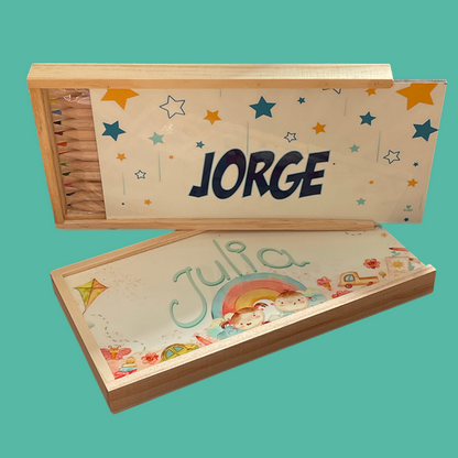 Estuche de Madera Personalizado con Lapiceros de Colores – 8 o 12 Unidades