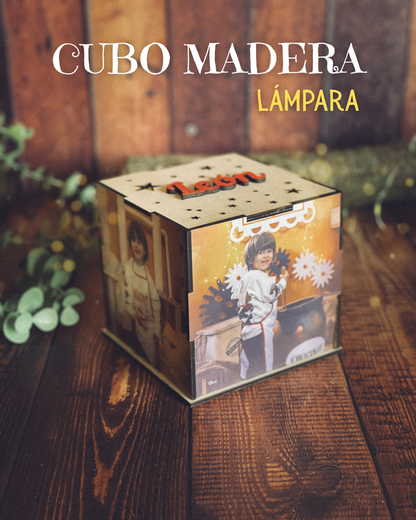 Lámpara Cubo de Madera Personalizada con Fotos y Nombre | Luz Nocturna Infantil