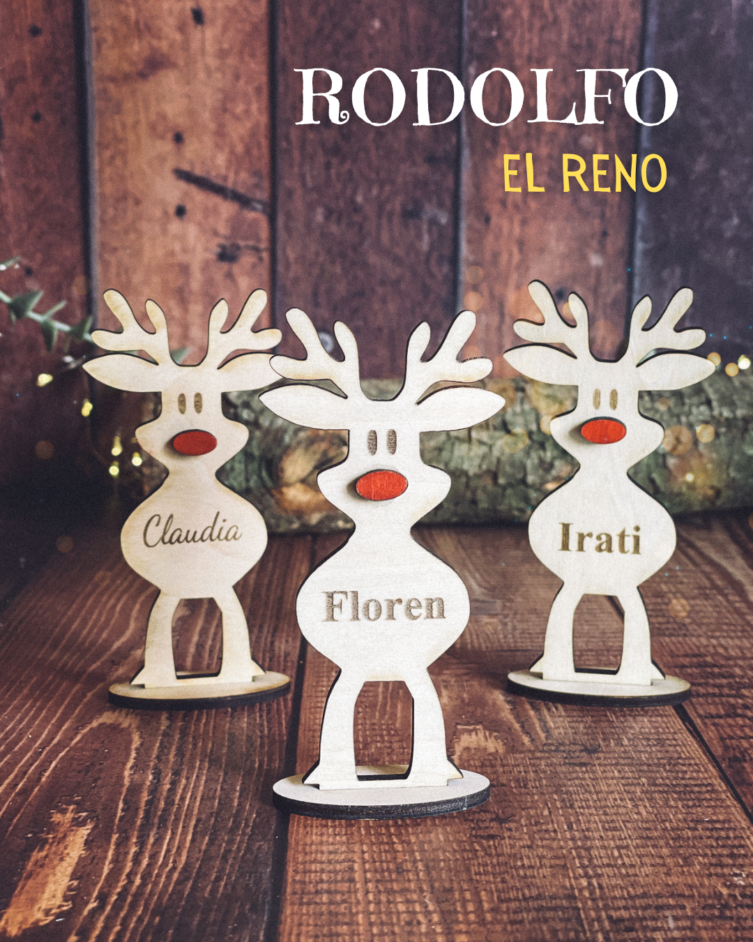 Reno de Madera con Nombre para Decoración de Mesa Navidad