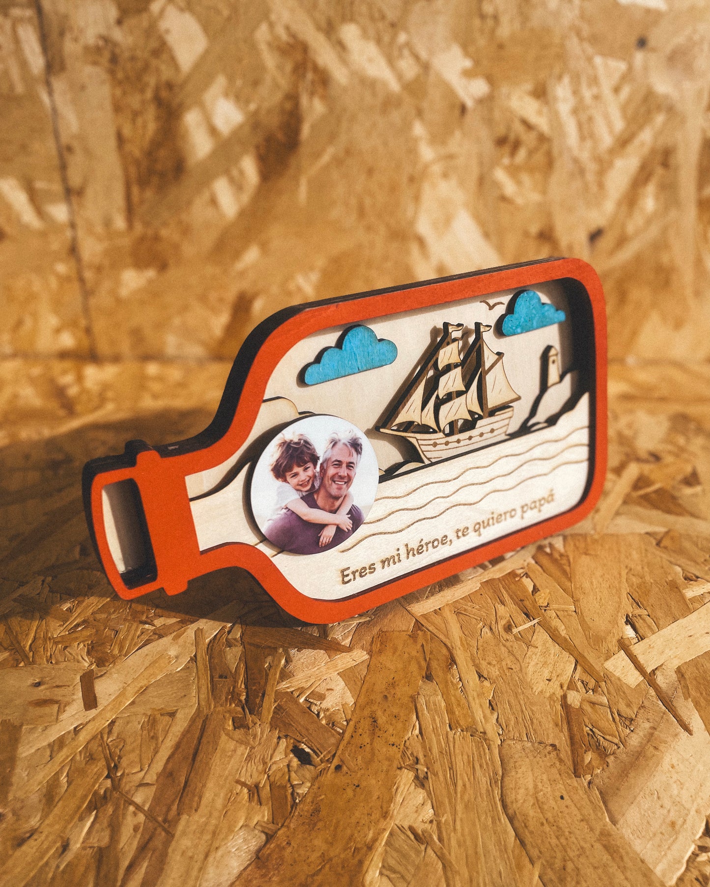 Mensaje en una Botella Personalizado Día del Padre – Foto + Frase Grabada en Madera | Regalo Papá