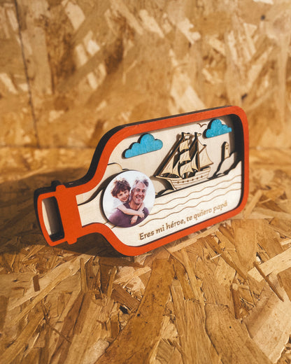 Mensaje en una Botella Personalizado Día del Padre – Foto + Frase Grabada en Madera | Regalo Papá
