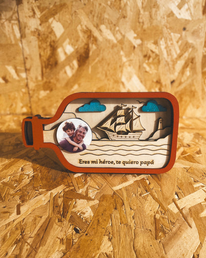 Mensaje en una Botella Personalizado Día del Padre – Foto + Frase Grabada en Madera | Regalo Papá