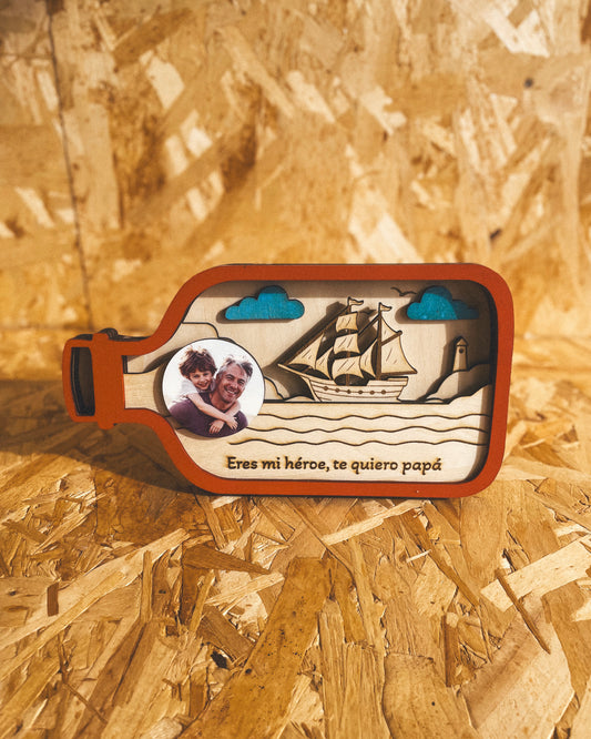 Mensaje en una Botella Personalizado Día del Padre – Foto + Frase Grabada en Madera | Regalo Papá