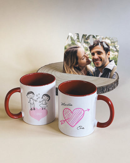 Pack de Tazas Personalizadas + Tablilla de Madera – regalo San Valentín pareja
