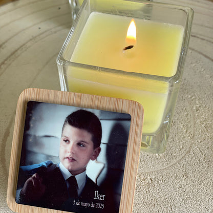 Vela Aromática con Tapa de Bambú Personalizada · Detalle para Invitados