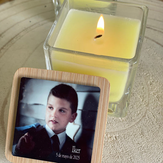 Vela Aromática con Tapa de Bambú Personalizada · Detalle para Invitados