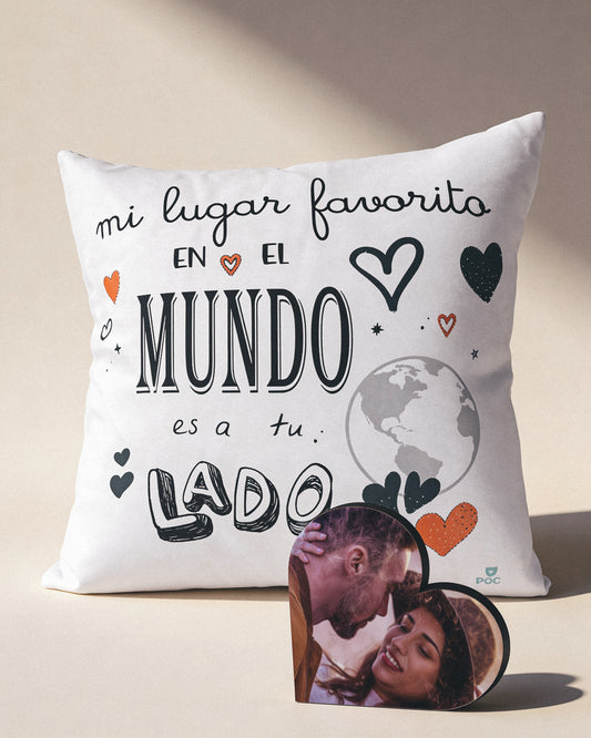 Pack regalo San Valentín – Cojín Personalizable + Taco Foto Corazón – regalo pareja único