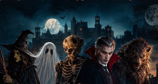 Los cinco sospechosos de la gymkana: bruja, fantasma, esqueleto, vampiro y hombre lobo