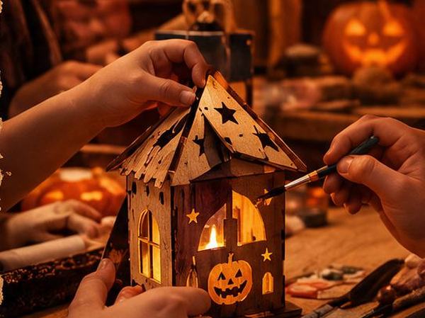 Niños decorando una casita de madera de Halloween